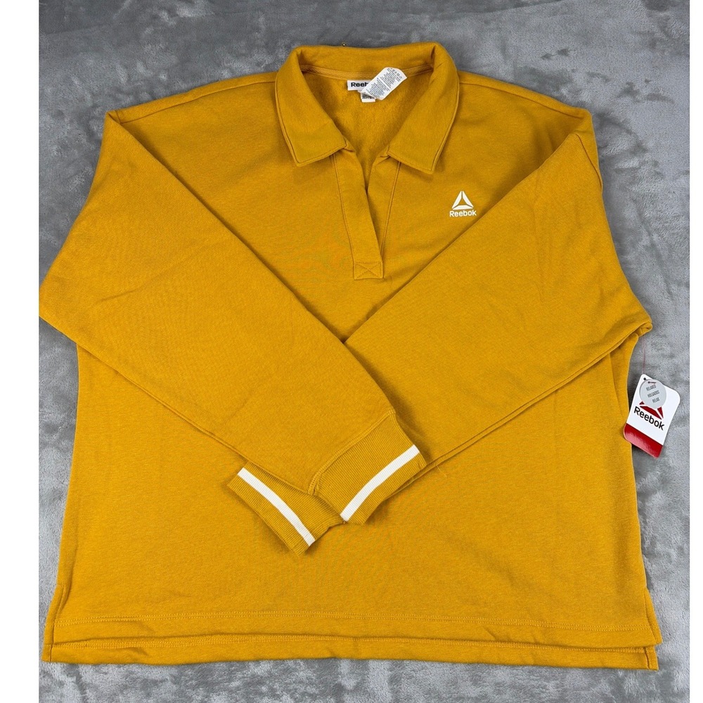 Reebok Womens XL Mustard Yellow Long Sleeve Polo Sweatshirt Graphic Back
